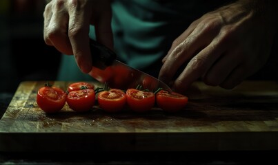 Close-up of a chef slicing vibrant red tomatoes on a polished wooden cutting board, with attention to culinary art.