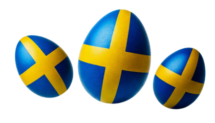 Freigestellte Ostereier, kunstvoll in den Farben der schwedischen Flagge bemalt: leuchtendes Blau mit gelben Kreuzen, symbolisieren Tradition und nordische Lebensfreude