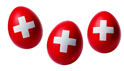 Freigestellte Ostereier, kunstvoll mit der Schweizer Flagge bemalt: leuchtendes Rot mit weißen Kreuzen, symbolisieren Tradition, Präzision und nationale Verbundenheit