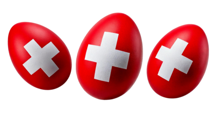 Freigestellte Ostereier, kunstvoll mit der Schweizer Flagge bemalt: leuchtendes Rot mit weißen Kreuzen, symbolisieren Tradition, Präzision und nationale Verbundenheit