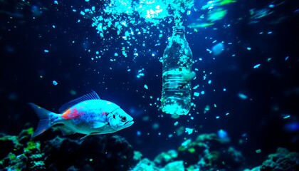 Fototapeta premium Fish Swimming Near Plastic Bottle in Polluted Ocean Water Environment