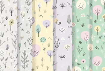 Six vertical panels, each with a unique design featuring trees, flowers, and leaves in various colors and styles. Vector patterns, random pattern