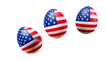 Freigestellte Ostereier, kunstvoll mit den Farben und Mustern der USA-Flagge bemalt: Sterne und Streifen in Rot, Weiß und Blau, symbolisieren Freiheit und Patriotismus