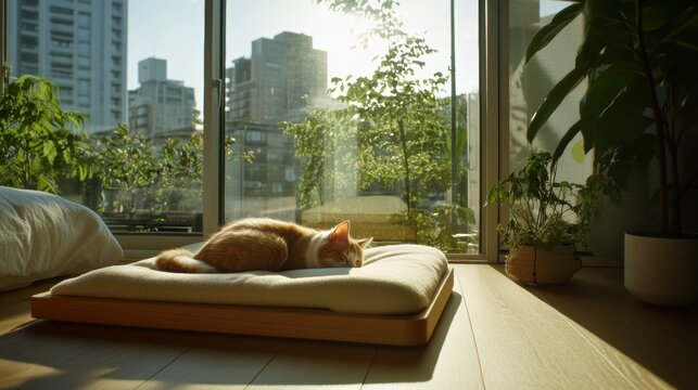 A minimalist bedroom with a pet-friendly design, featuring a pet bed integrated into the furniture