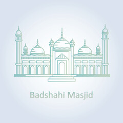 Badshahi mosque outline monument Lahore Pakistan, architectural landmark, golden color, illustration art