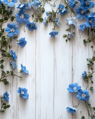 Springtime beauty with delicate blue flowers on a rustic white wooden background