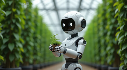 Robot holding a plant in a greenhouse. Modern technology meets nature.