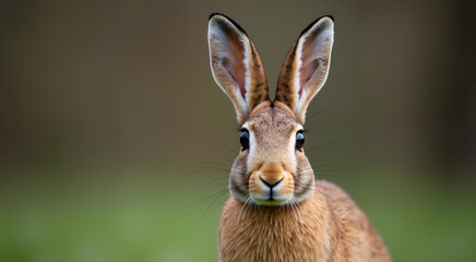 Close-up of a hare shaking off dewdrops from its fur. Sharp focus on the hare's face with hazy green background.
