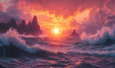 Fototapeta premium Coastal sunset with crashing waves and dramatic cliffs, bathed in hues of orange and pink, creating a breathtaking seascape