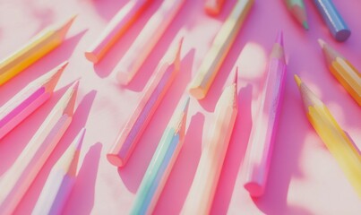Colored pencils scattered on a pastel pink surface, with soft shadows and vibrant tips highlighting creativity