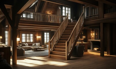 Rustic wooden staircase leading up to a sunlit loft with cozy furniture and warm ambient lighting, creating a welcoming and homely atmosphere