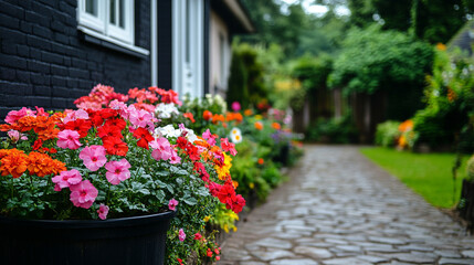 Fototapeta premium A serene minimalist house with a small, lush garden. The yard features colorful flowers and a stone path, offering a bright modern tone, with blurred space for captions on the side