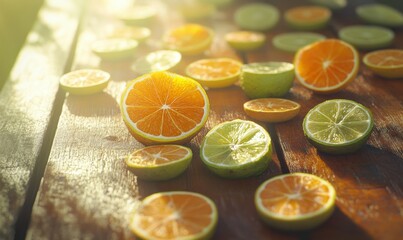 Fresh citrus fruits sliced and scattered on a wooden table, their vibrant orange, yellow, and green hues glowing under soft natural light.