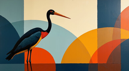 A striking illustration of a crane in a vibrant, abstract landscape. Artistic and geometric design elements complement the bird's elegant form.