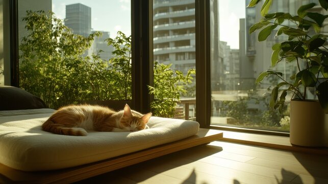 A minimalist bedroom with a pet-friendly design, featuring a pet bed integrated into the furniture