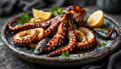 Grilled Octopus Platter with Lemon Wedges and Sardines Gourmet Seafood Dish