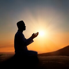 Concept of praying for blessing from God. Praying hands, sunset in the background. Ramadan kareem