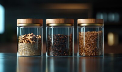 Selection of premium blends in elegant glass jars, displayed on a clean surface with earthy tones