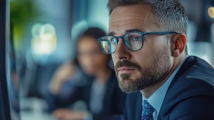 Caucasian businessman ceo in glasses having working videocall on financial report with multiethnic colleagues using personal computer in modern corporation global office. Over shoulder view.