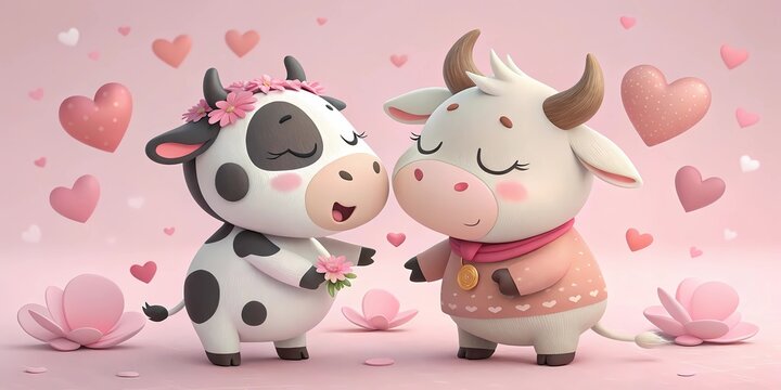 Pareja de vaca y toro enamorados Ilustracion digital 3d San Valentin