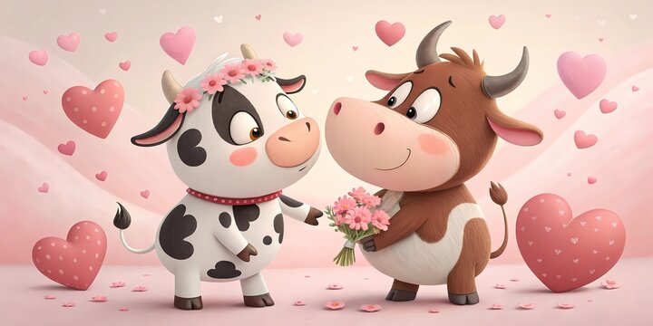 Linda pareja animada de vaca y toro enamorados