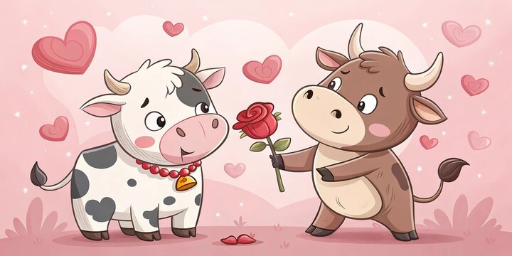 Torito regala una rosa a vaquita ilustracion digital enamorados San Valentin