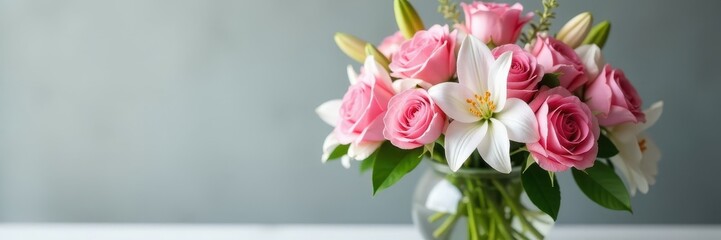 Fototapeta premium Dense floral arrangement of pink roses and white lilies in a modern vases, elegant, roses, botanical