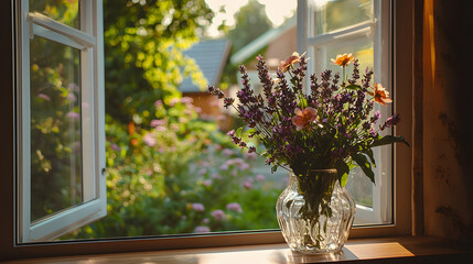 Fototapeta premium Colorful Flowers Bouquet In Window With Garden View