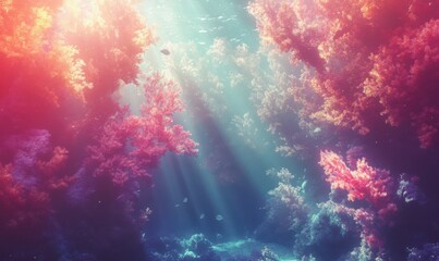 Fototapeta premium Serene underwater scene with sunlight beams penetrating the deep ocean, illuminating soft coral and fish.