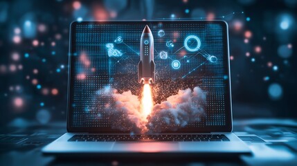 Fototapeta premium powerful rocket launching from a laptop screen, flames, smoke merging with abstract digital patterns, binary codes, uturistic backdrop, symbolizing the fusion of technology and imagination