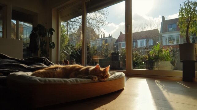 A minimalist bedroom with a pet-friendly design, featuring a pet bed integrated into the furniture