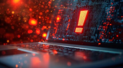 Naklejka premium Warning system concept with digital exclamation point at blurry laptop background. 3D Rendering