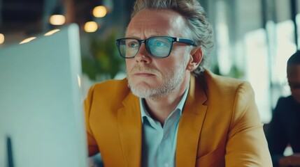 Caucasian businessman ceo in glasses having working videocall on financial report with multiethnic colleagues using personal computer in modern corporation global office. Over shoulder view.