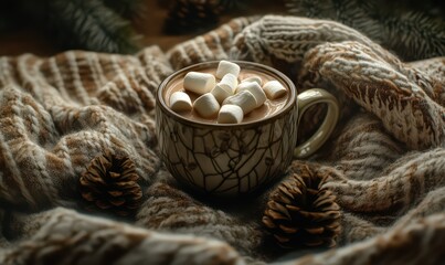 Obraz premium Cup of hot cocoa with marshmallows, surrounded by pinecones and a cozy woolen blanket, evoking the warmth and comfort of winter evenings