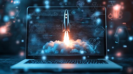 powerful rocket launching from a laptop screen, flames, smoke merging with abstract digital patterns, binary codes, uturistic backdrop, symbolizing the fusion of technology and imagination