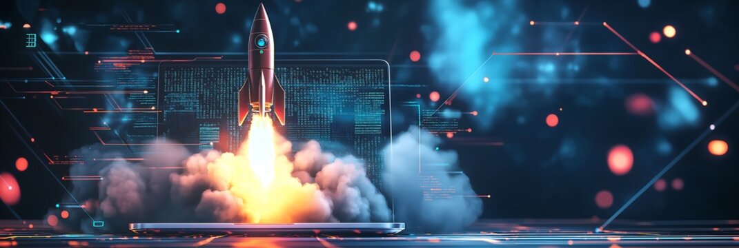 powerful rocket launching from a laptop screen, flames, smoke merging with abstract digital patterns, binary codes, uturistic backdrop, symbolizing the fusion of technology and imagination - Powered by Adobe