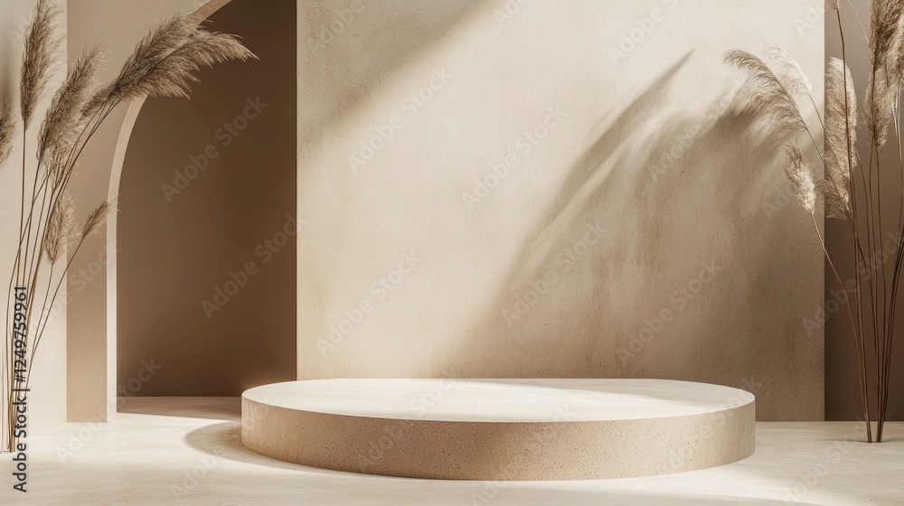 Aufkleber this artistic composition features a smooth beige podium set against a soft brown backdrop. subtle t