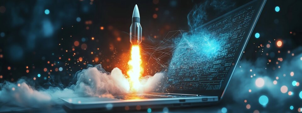 powerful rocket launching from a laptop screen, flames, smoke merging with abstract digital patterns, binary codes, uturistic backdrop, symbolizing the fusion of technology and imagination - Powered by Adobe