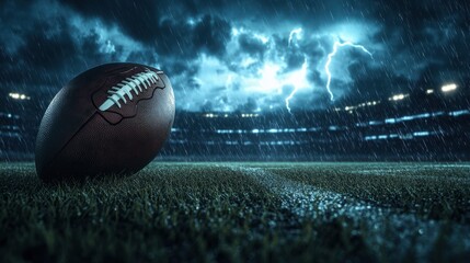 American football on the field during a stormy night with lightning in the background. A dramatic setting for the intense sport.