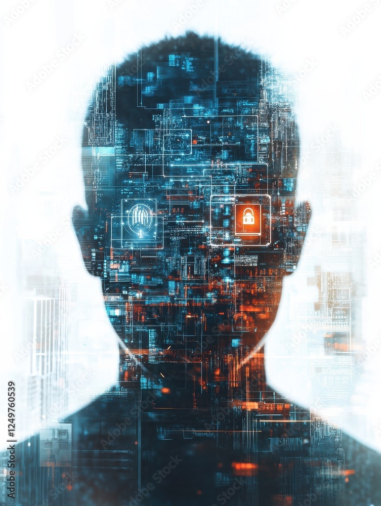 Poster internet security concept with no face hacker and digital screen with security and lock icons.double