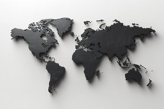 Minimalistic 3D black world map with grayscale landmasses on a white background, showcasing abstract design and depth