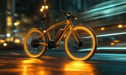 Dynamic glowing electric bicycle speeding through an urban environment, symbolizing sustainable transportation solutions.
