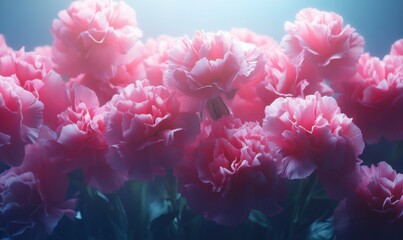 Obraz premium Vibrant bouquet of pink carnations in full bloom, softly illuminated to showcase their delicate texture and vivid colors