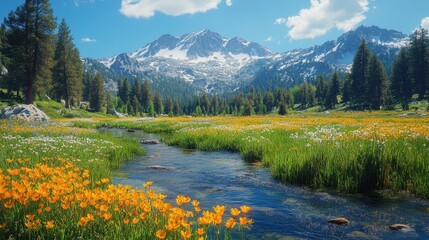 Wildflowers, stream, mountains, sunny day, scenic landscape, nature photography