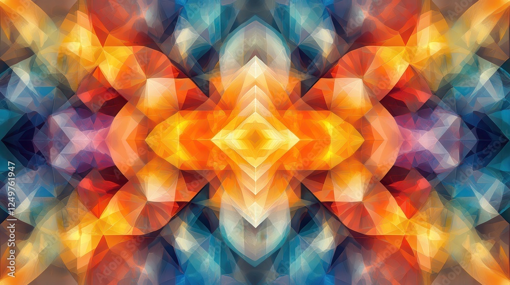 Poster abstract geometric kaleidoscope pattern; vibrant colors, symmetrical design; website background