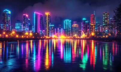 Fototapeta premium Vibrant city skyline glowing with colorful neon lights reflected on a rainy street, showcasing nightlife and urban energy.