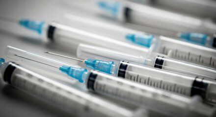 A collection of medical syringes arranged neatly on a surface