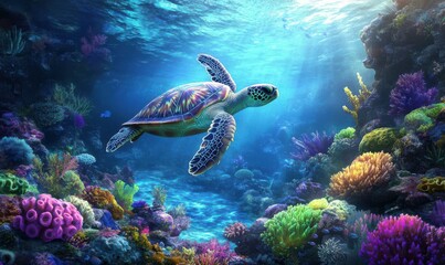 Vibrant coral reef with a majestic sea turtle swimming gracefully, surrounded by colorful marine life in crystal-clear waters