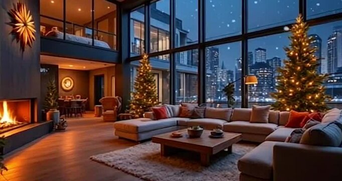 A cozy Christmas room features a warm fireplace. Snowfall gently drifts outside the window, creating a serene and festive atmosphere with a breathtaking view.