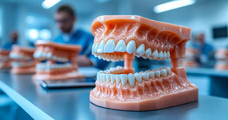 A man is sitting at a table with a model of a mouth. The man is wearing glasses and he is studying the model. The model is made of plastic and is on a table